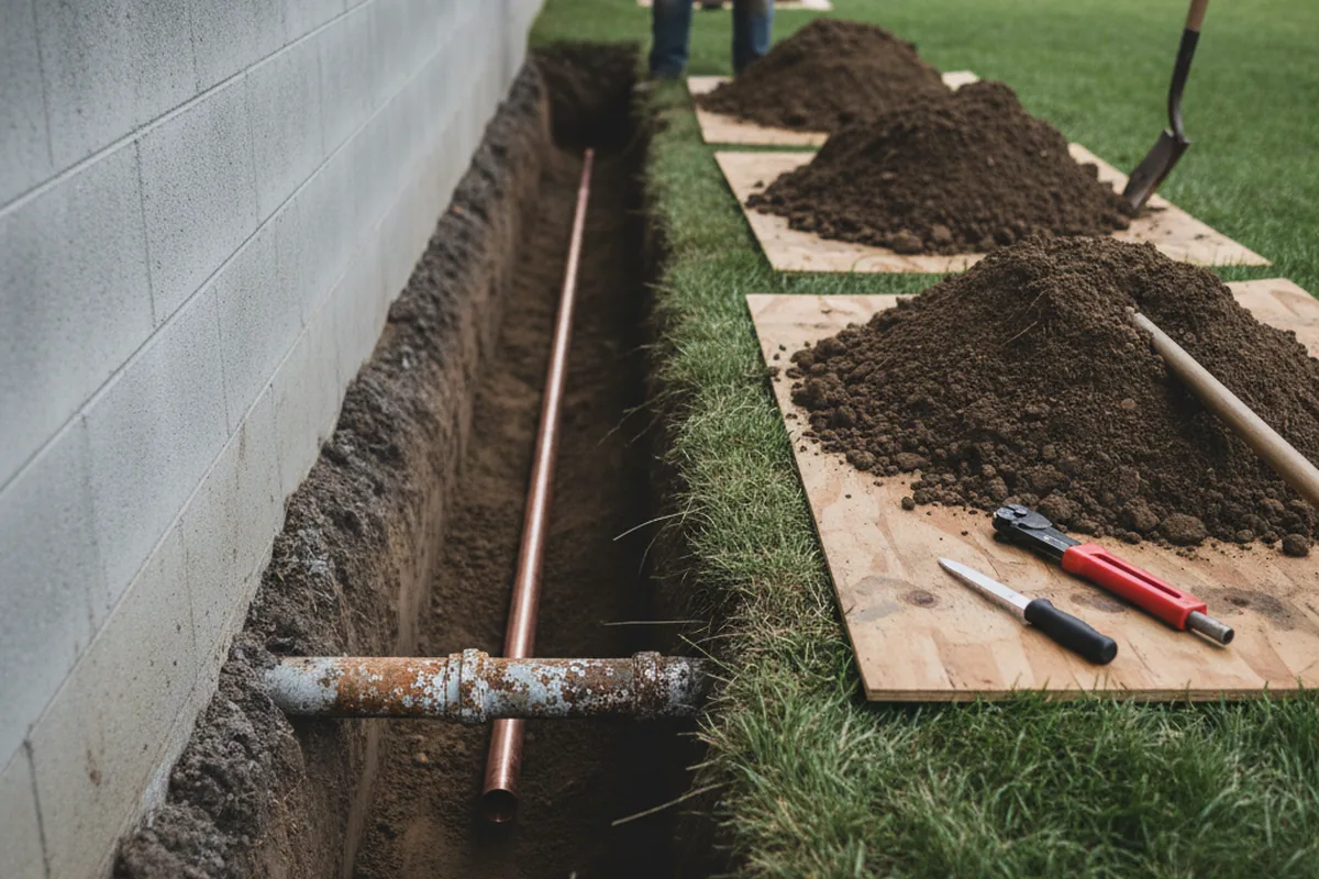 Excavated water line trench during Sewer Line Repair in La Pine